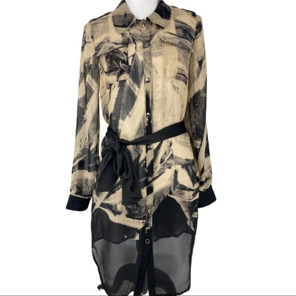 Andrew Marc Women's Tan GEO Print Sheer Button Down Swim Cover-Up Dress 8/C36